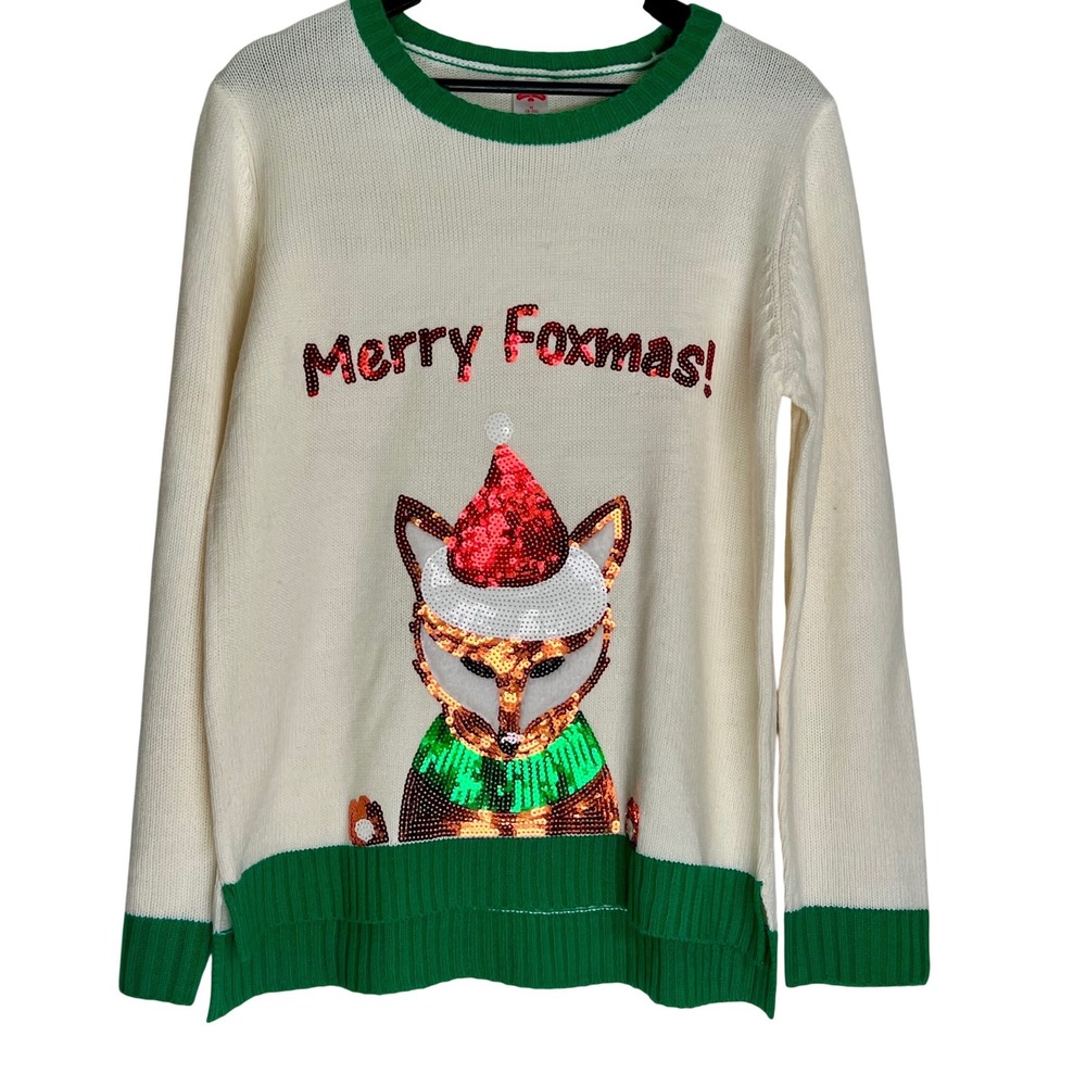 Holiday Time Merry Foxmas Sequin Ugly Christmas Sweater White Green Women M 8-10